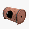 Wine barrel shaped assembled pet bed made from polyester fibre felt pieces with binding straps