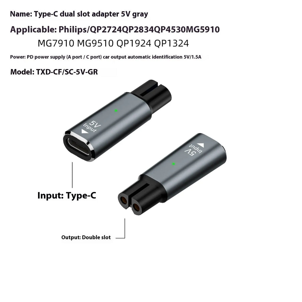 USB C to 4.3V aluminium alloy charging adapter for electric shaver on black or grey background