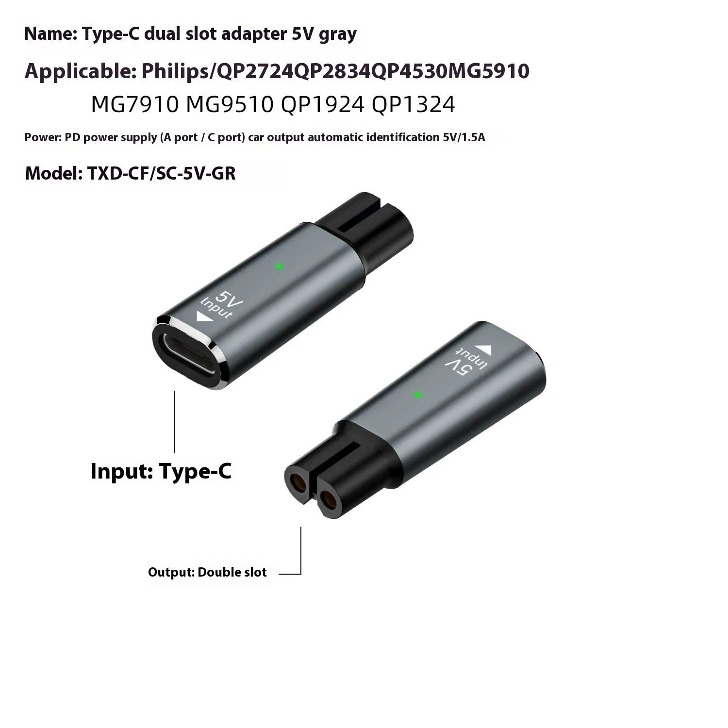 USB C to 4.3V aluminium alloy charging adapter for electric shaver on black or grey background