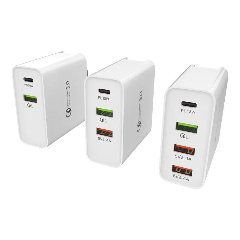 Multi-port USB fast charger with PD and QC technology in ABS plastic housing