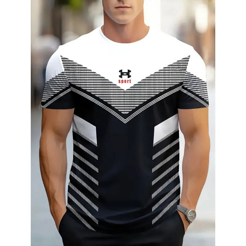 Man wearing a loose fit short-sleeved T-shirt with a digital 3D printed stripe pattern.