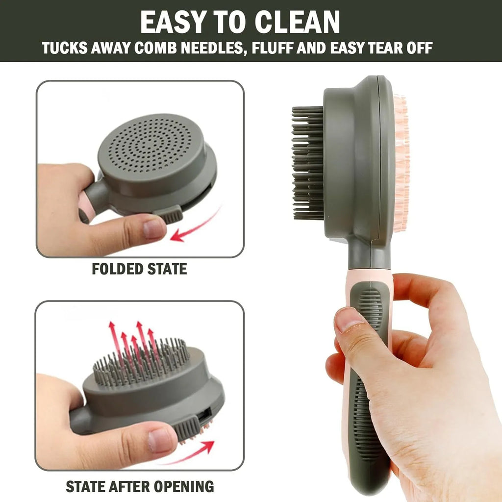 Pink and green double-sided cat grooming brush with a release button and a separate flea comb.