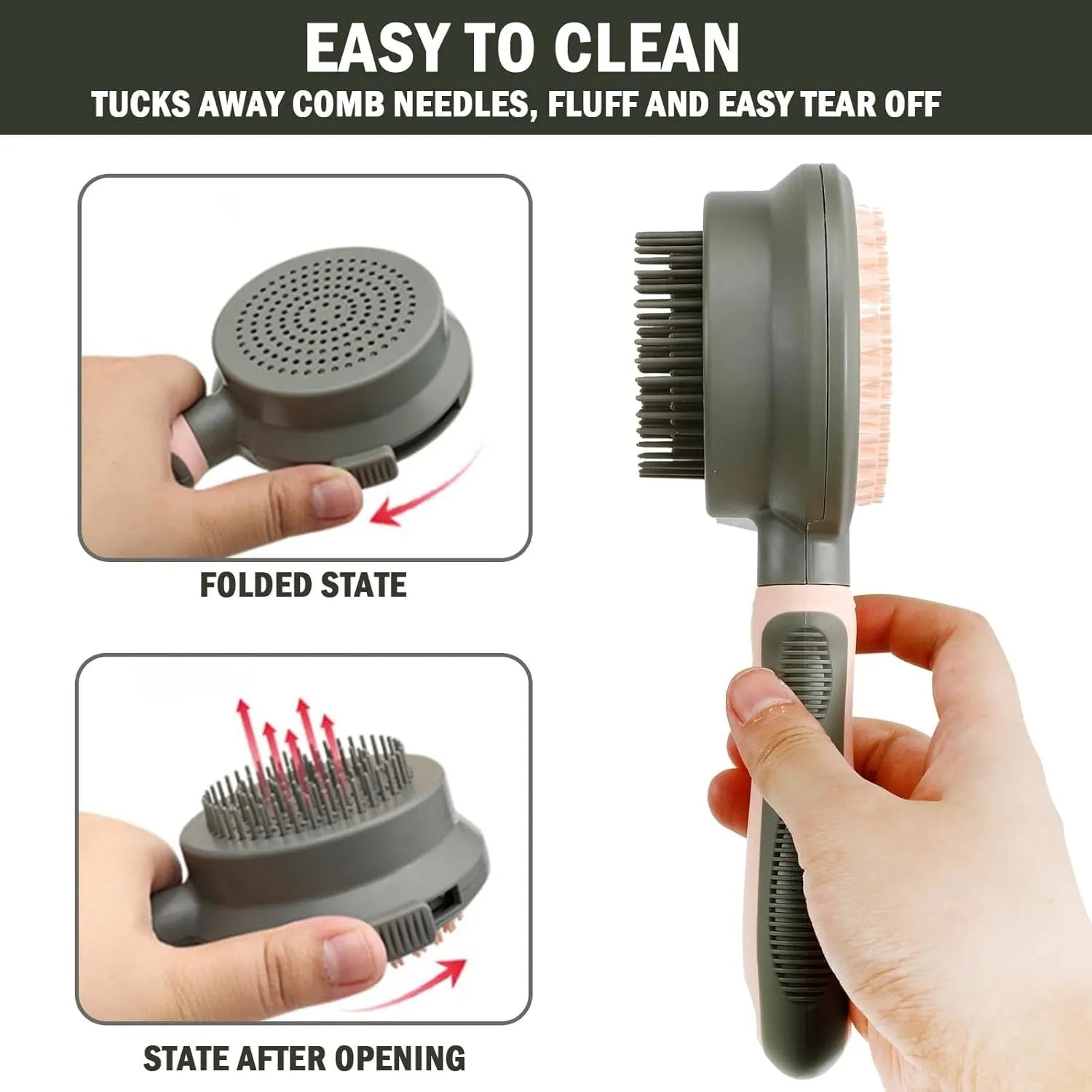 Pink and green double-sided cat grooming brush with a release button and a separate flea comb.