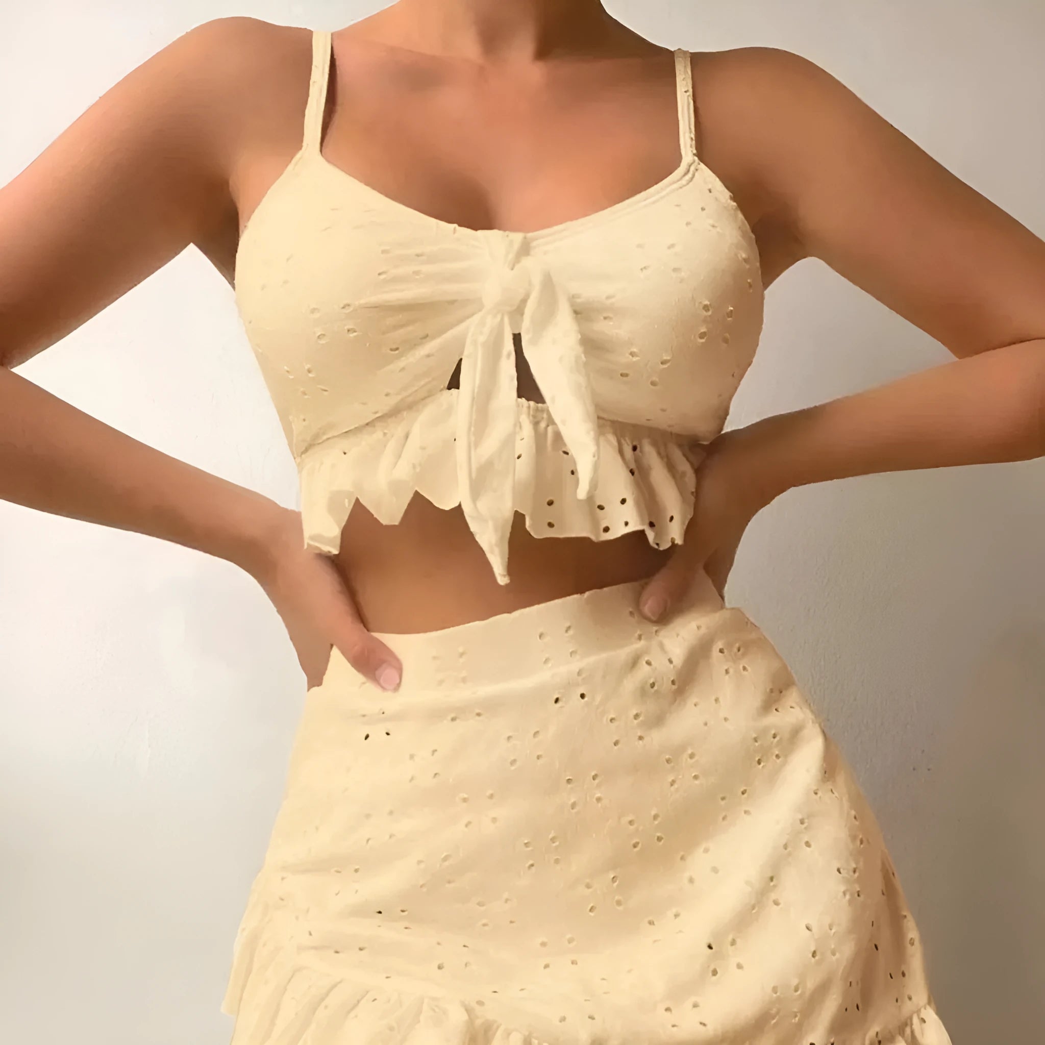 Women's three-piece bikini swimsuit with split hip skirt in multiple colour options