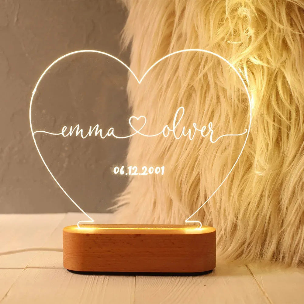 Custom acrylic LED night light with engraved names and date, 20cm by 11.5cm transparent modern art decor