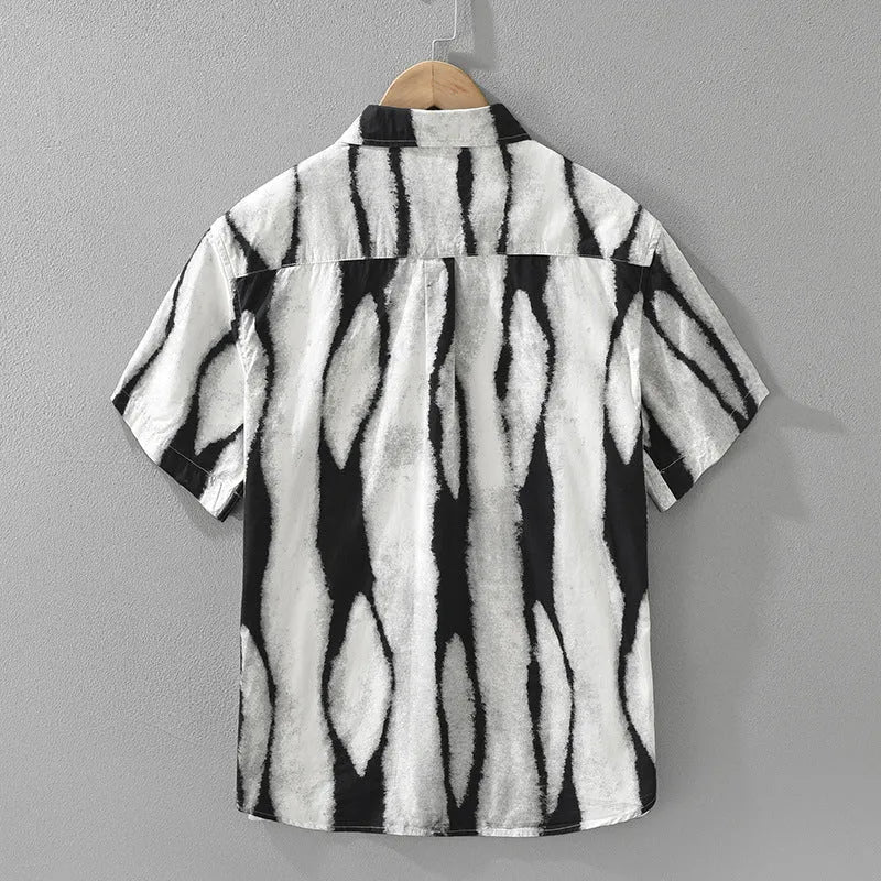 Retro striped pure cotton short sleeve cardigan shirt in black or brown with loose fit