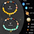 Set of two natural stone beaded bracelets with zodiac sign themes.