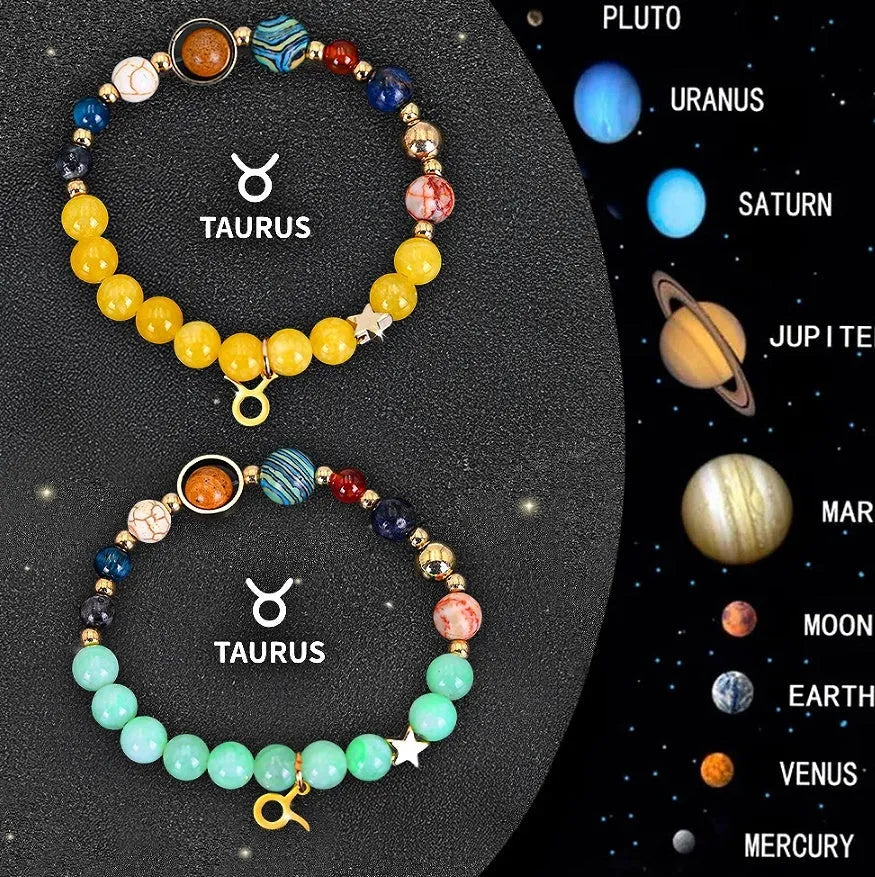 Set of two natural stone beaded bracelets with zodiac sign themes.