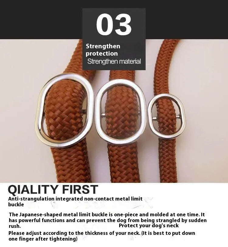 Brown nylon dog leash with hand holding rope, length 2.1 metres