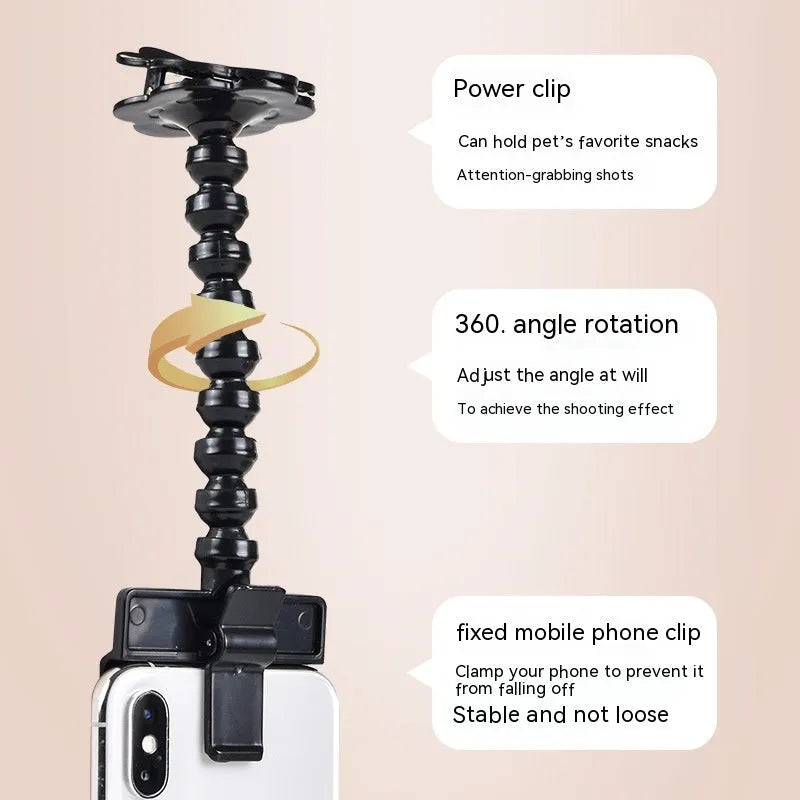 Black plastic pet selfie stick with treat clip extended to 15cm for mobile phone photography