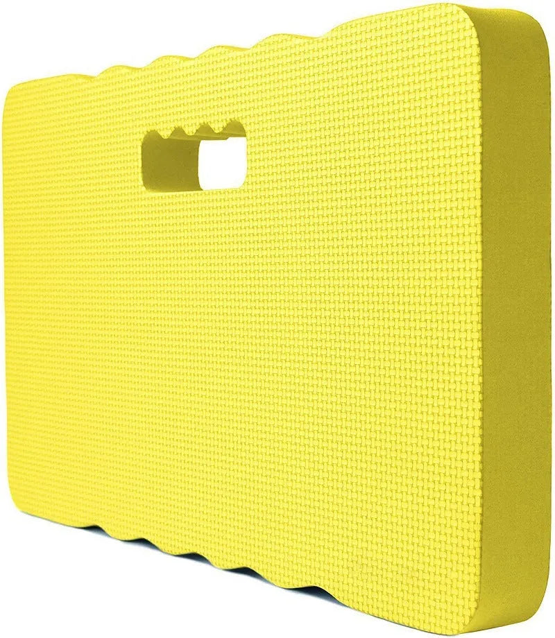 Blue plastic garden kneeler pad on grass, measuring 45cm long by 28cm wide.