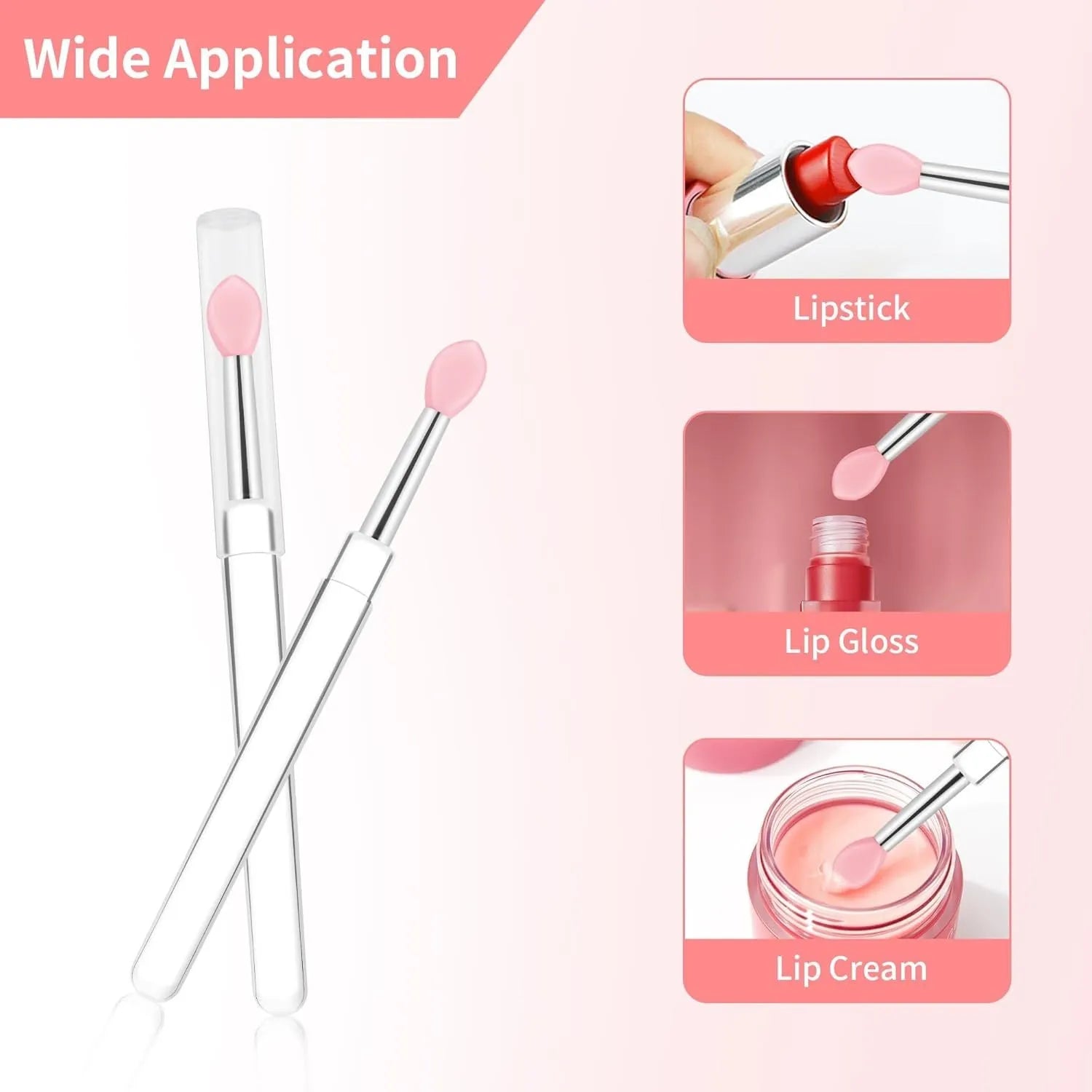 Set of reusable silicone lip brushes with protective caps in eight different colours: blue, pink, purple, red, rose red, skin colour, white, and yellow.