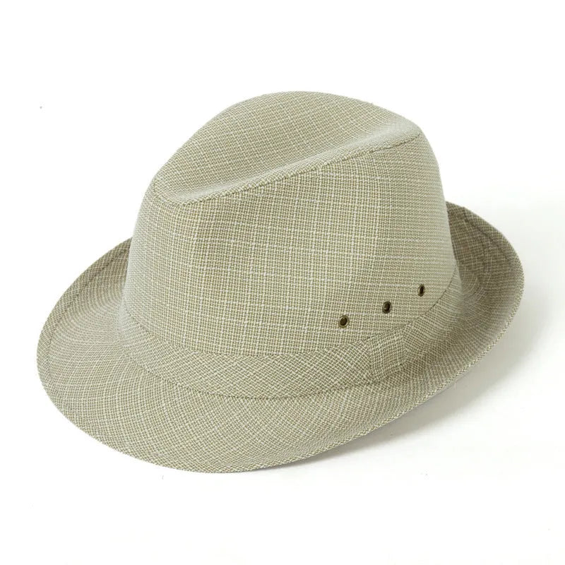 Men's classic fedora hat in suit material showing thickened construction and traditional silhouette