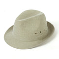 Men's classic fedora hat in suit material showing thickened construction and traditional silhouette