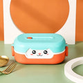 Square plastic divided lunch box with cartoon design in dark blue, orange yellow, or pink and green colours.