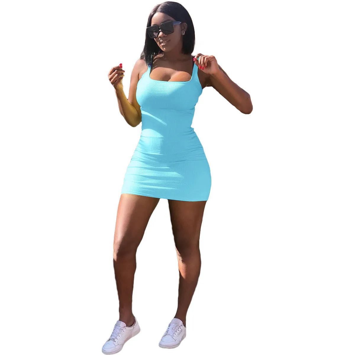 Women's casual big U-neck dress with sunken stripe pattern and adjustable straps in light green colour