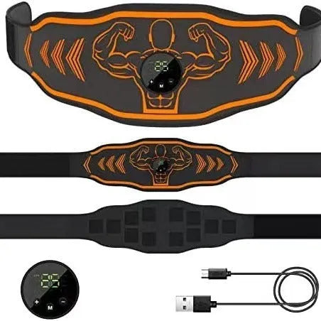 Smart EMS massage belt fitness equipment with rechargeable battery and timer in blue and orange colour options