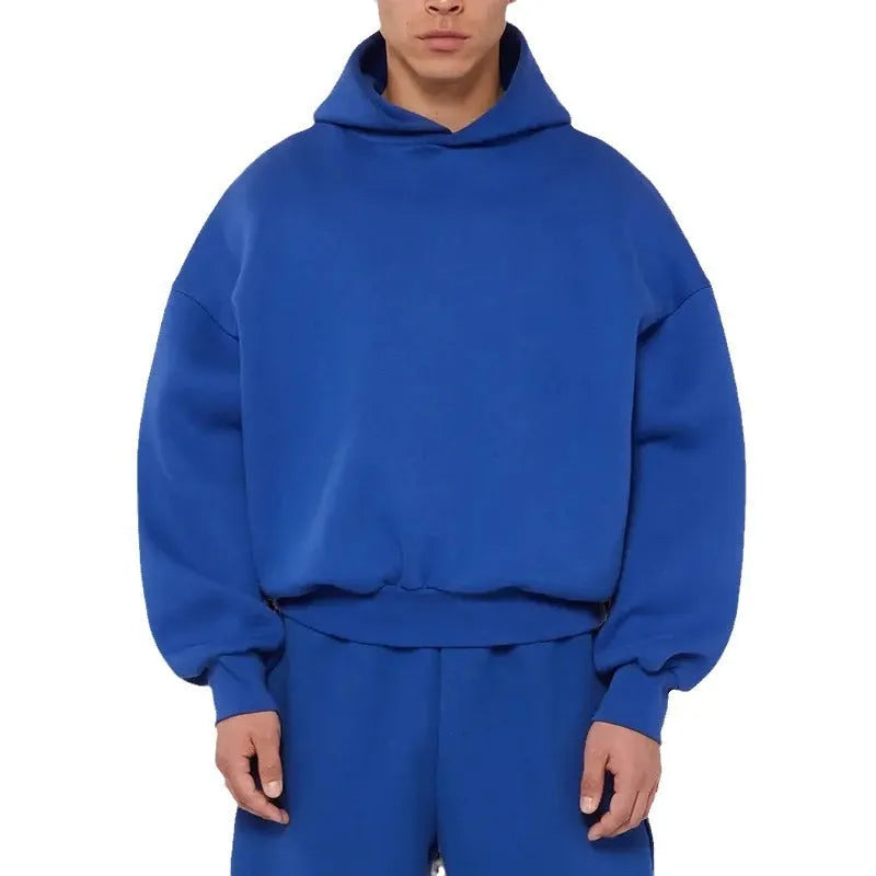 Men's fleece-lined cotton sweater hoodie with wool lining in solid colour options