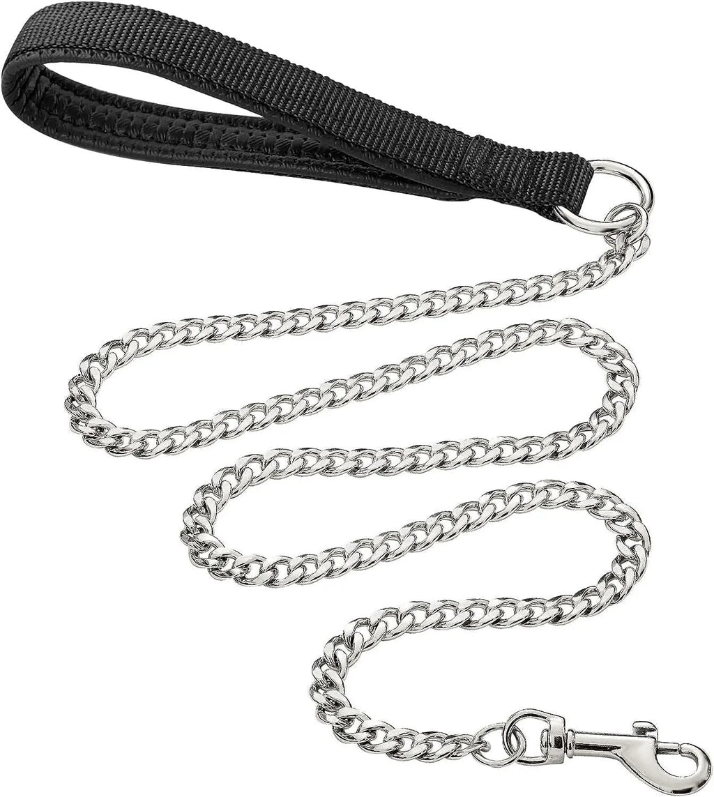 Heavy duty metal dog chain leash with a soft black padded handle, shown in red.