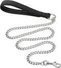 Heavy duty metal dog chain leash with a soft black padded handle, shown in red.