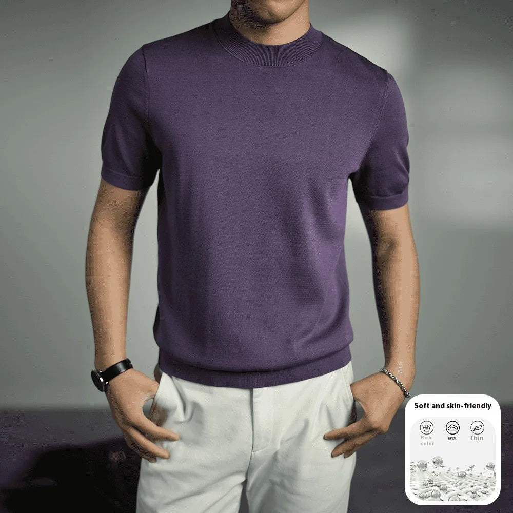 Men's knitted round neck short sleeve T-shirt in business casual style with non-ironing polyester blend fabric