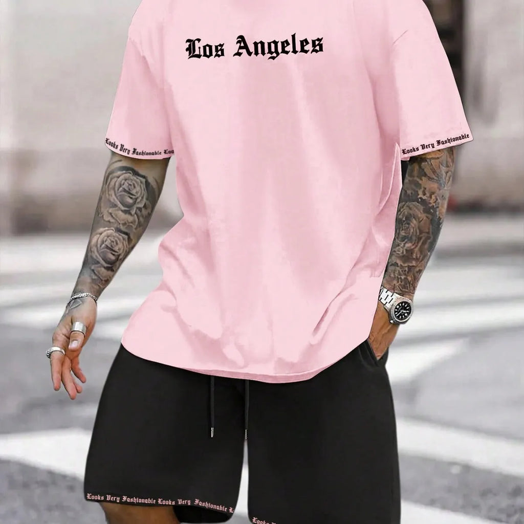 Sports style short sleeve top and shorts set in thin quick-drying fabric, shown in a printed pattern.