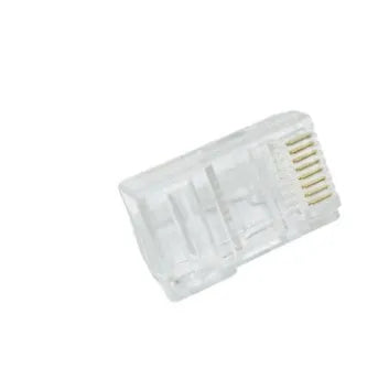 White network modular plug with gold-plated three-fork contacts for RJ45 connections