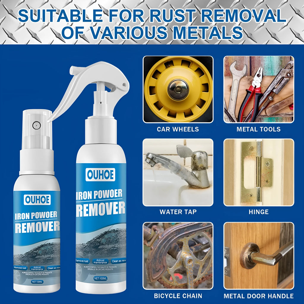 Automotive rust remover spray bottle with blue square sponge applicator for car metal surfaces