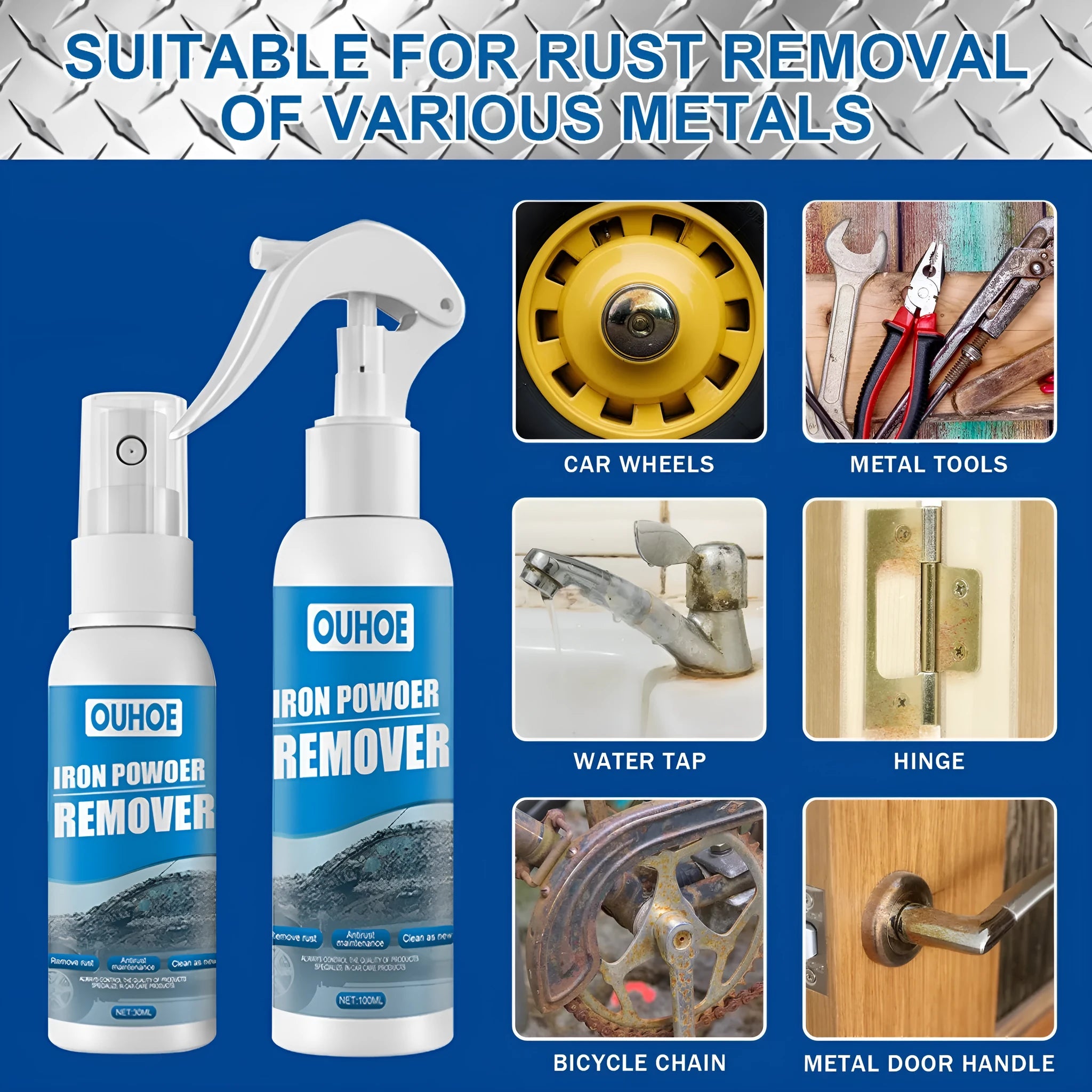 Automotive rust remover spray bottle with blue square sponge applicator for car metal surfaces