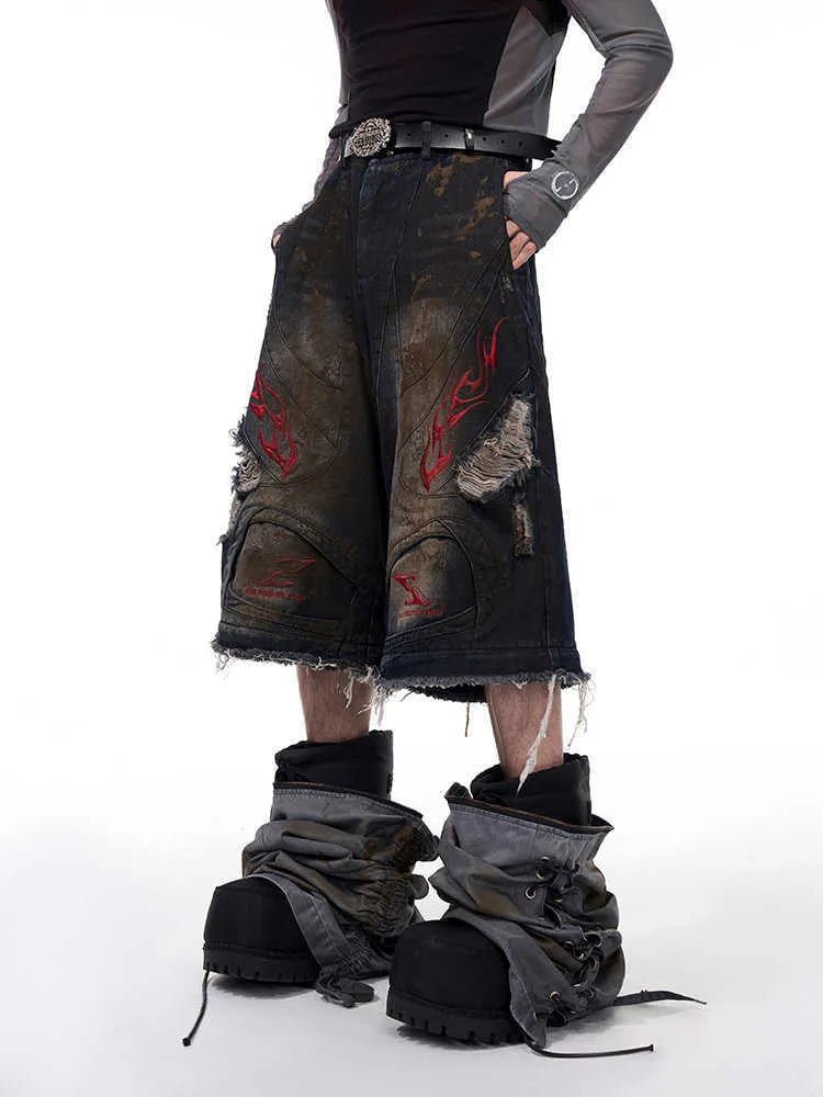 Men's retro jeans with detachable legs showing wide leg loose fit and mid-high waist