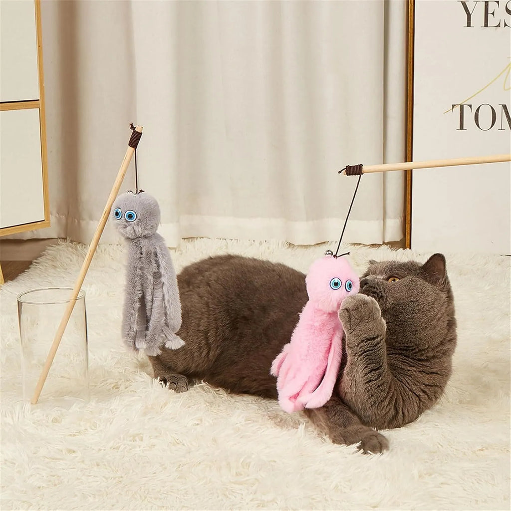 Long stick cat wand with colourful furry octopus toy for indoor kittens and cats