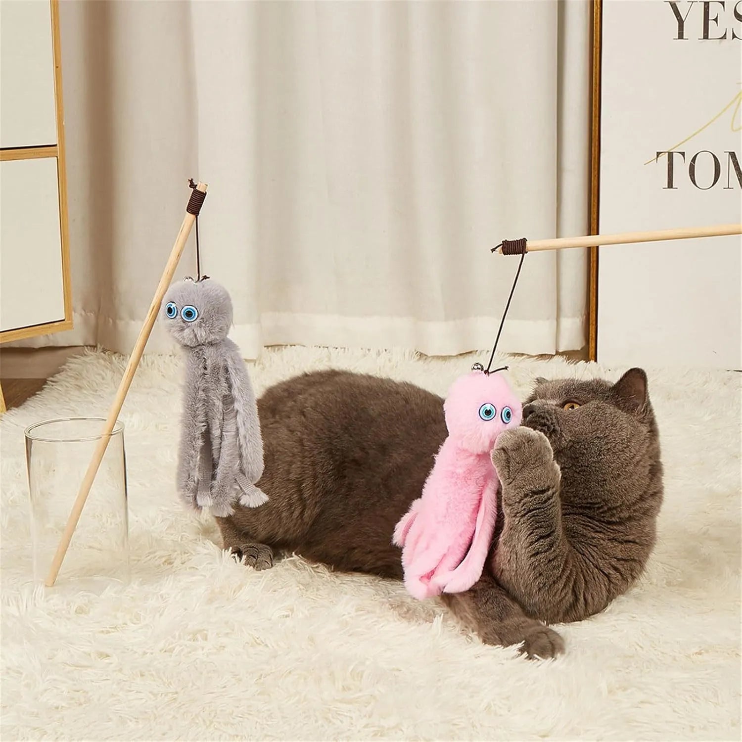 Long stick cat wand with colourful furry octopus toy for indoor kittens and cats