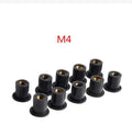 Black motorcycle well nut fasteners with brass inserts in M4, M5, and M6 sizes