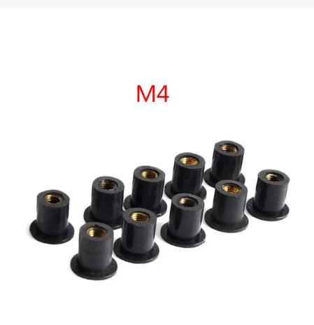Black motorcycle well nut fasteners with brass inserts in M4, M5, and M6 sizes