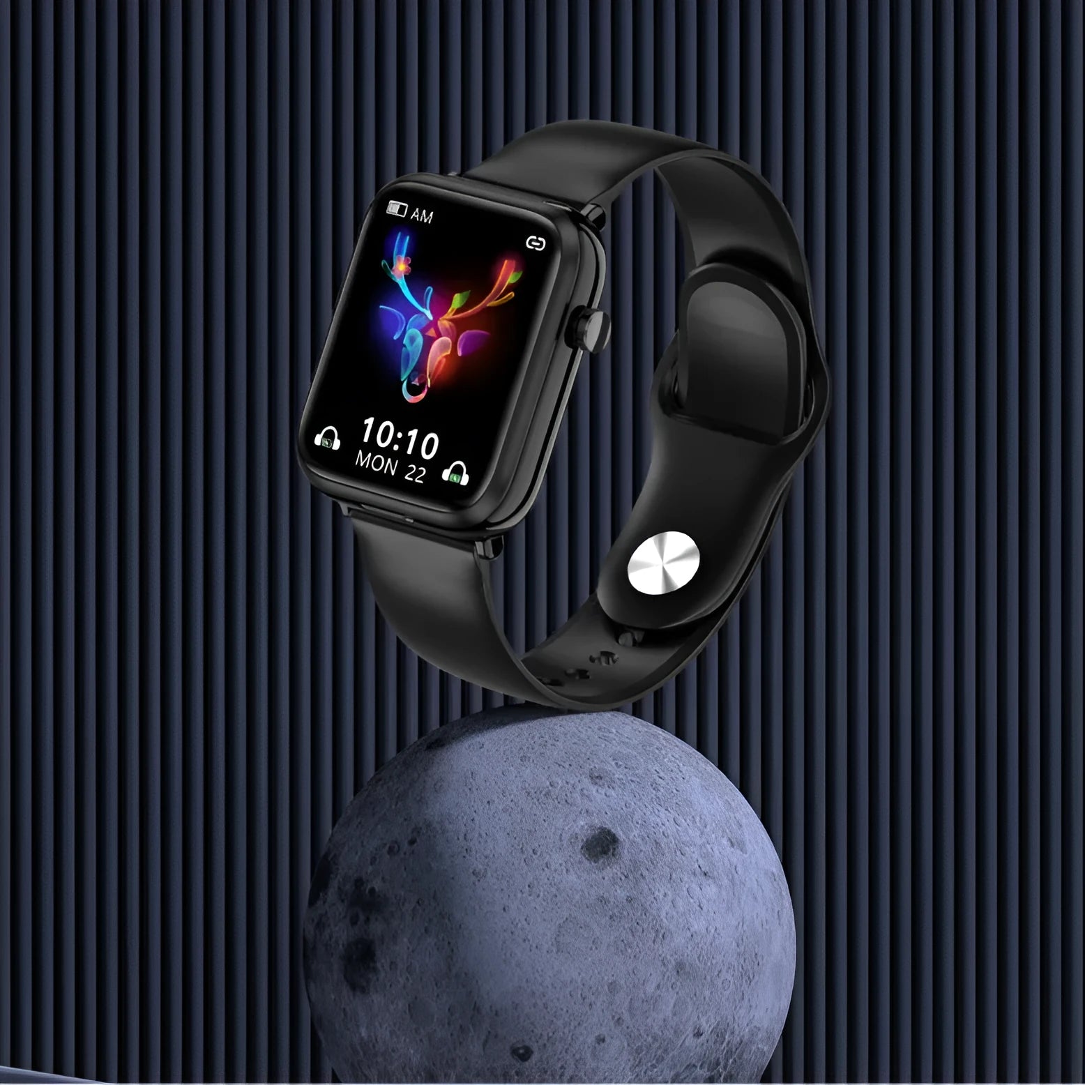 Black smartwatch with touch screen and detachable Bluetooth earbuds in charging case
