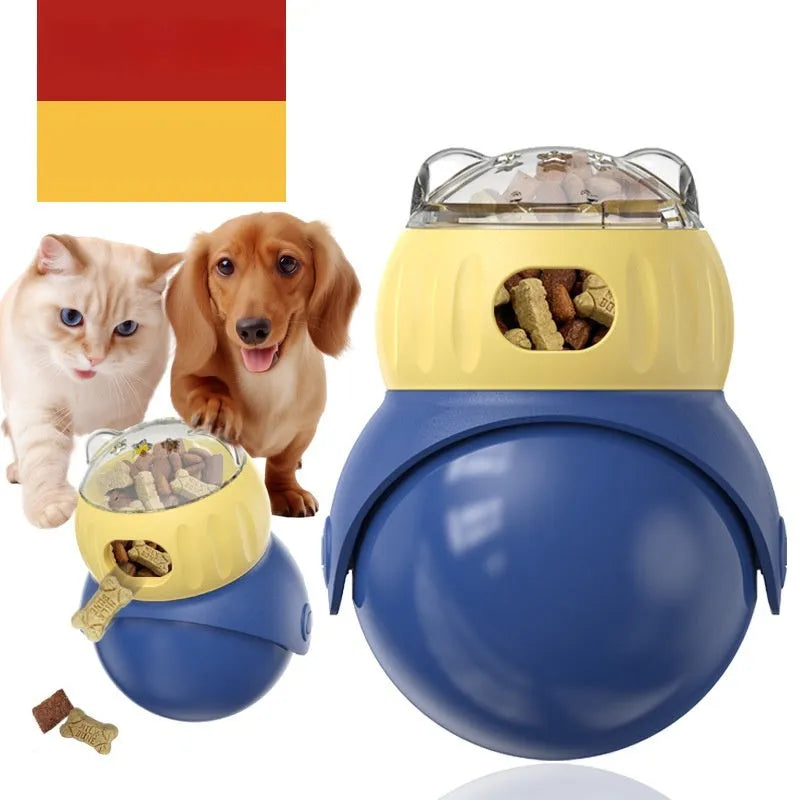 Morandi yellow and blue plastic tumbler owl cat puzzle feeder with food dispensing mechanism