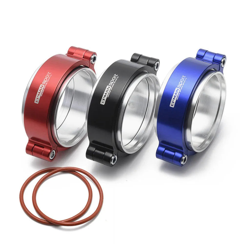 Aluminium exhaust clamp for car modifications in black, blue, or red colours