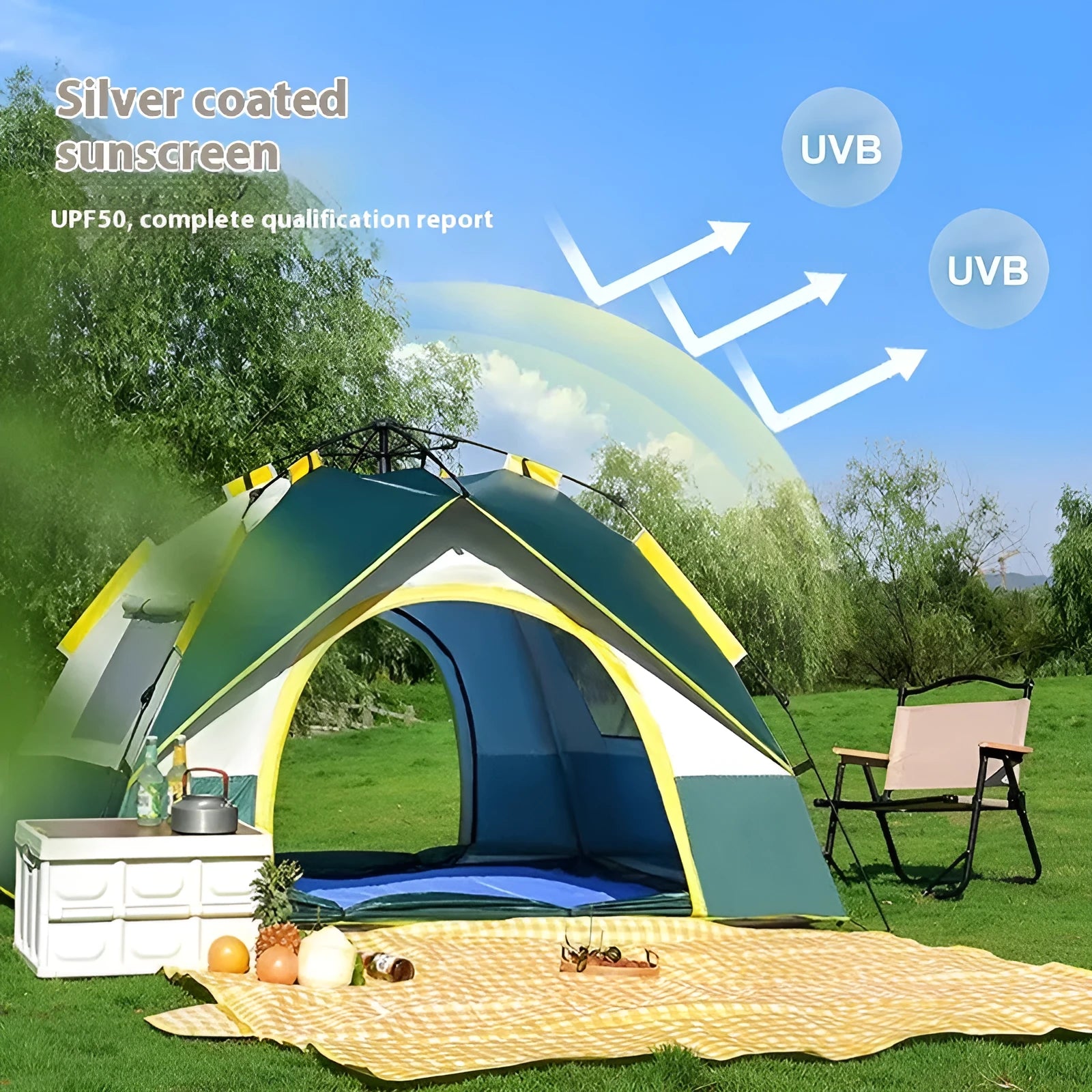 Dark green silver glue camping tent with automatic quick-open system for 3-4 people