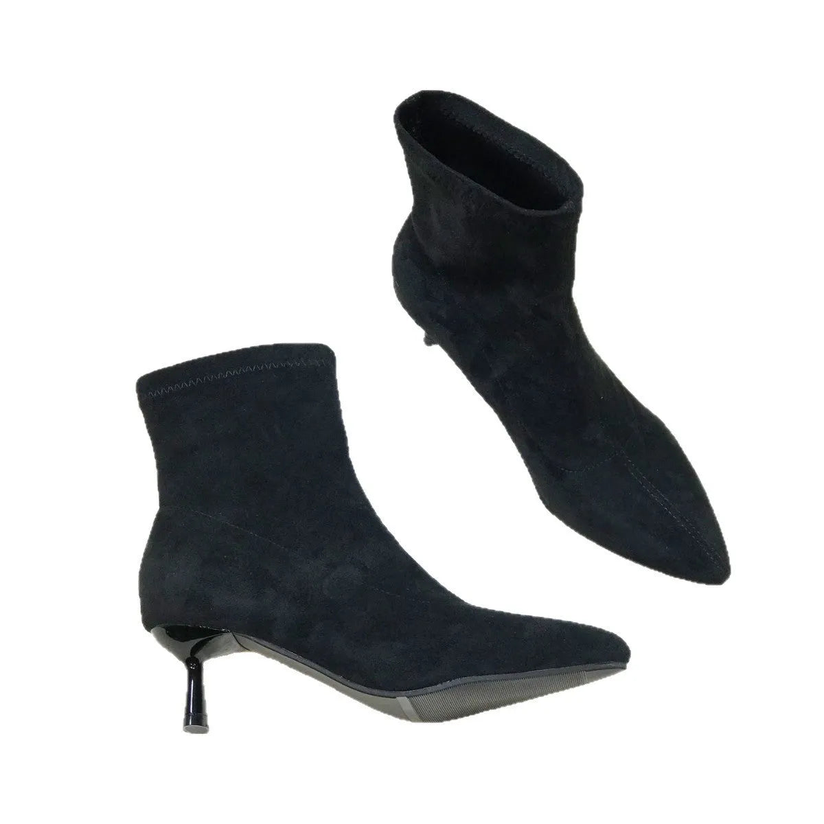 Black pointed toe women's ankle boots with a stiletto heel on a white background.