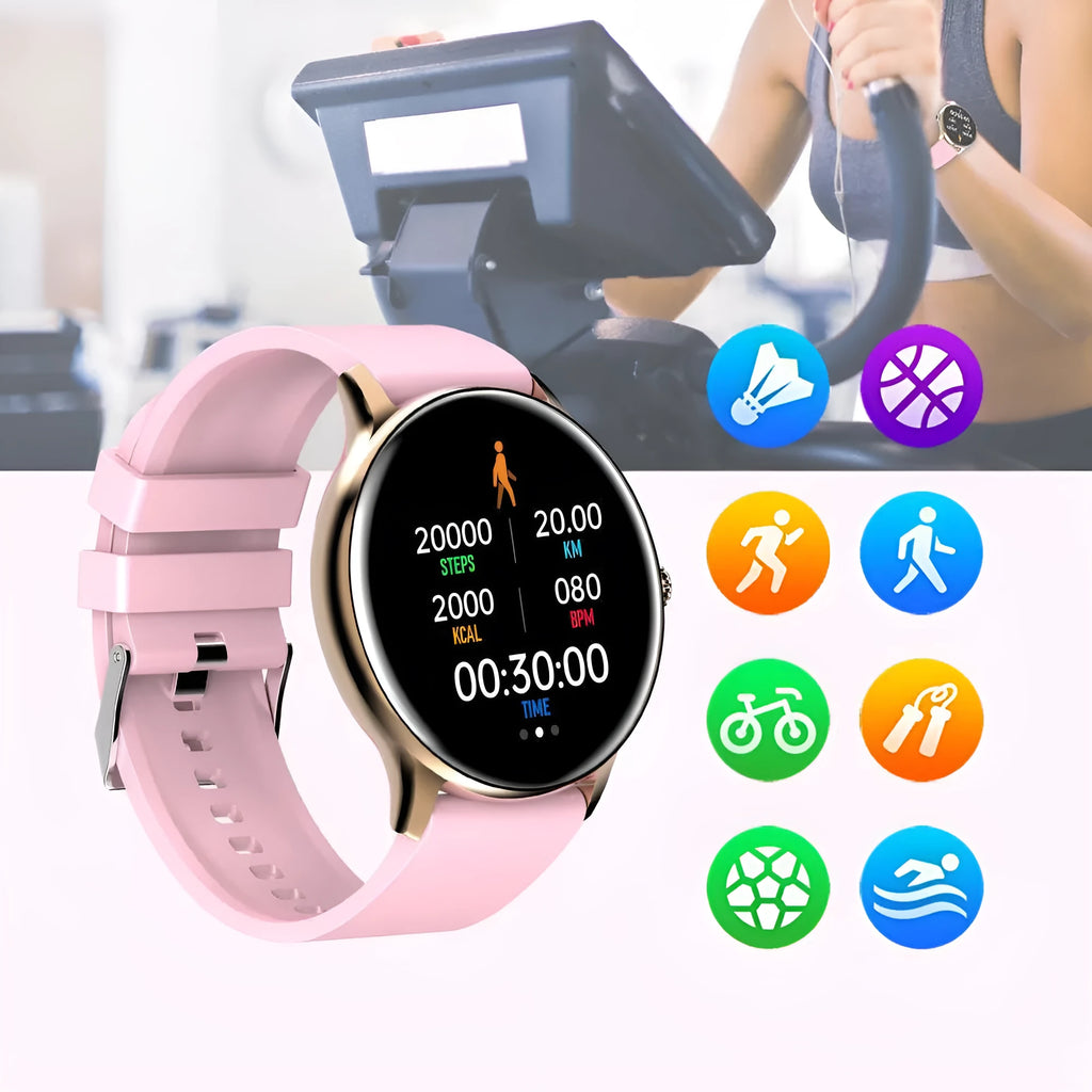 Smart sports watch with circular touchscreen display on a silicone wristband