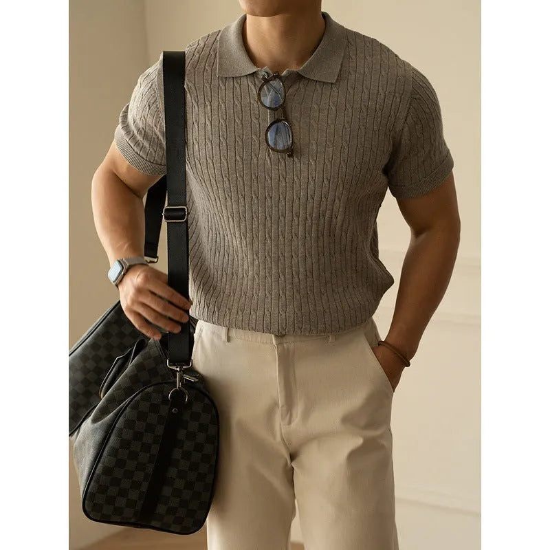 Men's short sleeve business commute top in khaki colour showing front view with size options
