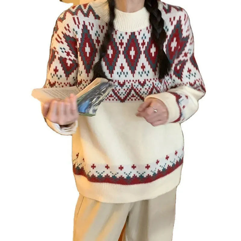Women's loose retro striped pullover knitted top in polyester with long sleeves