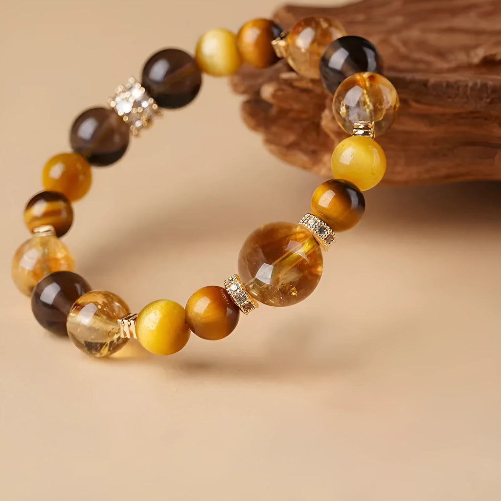 Natural yellow tower crystal tiger-eye bracelet with geometric design