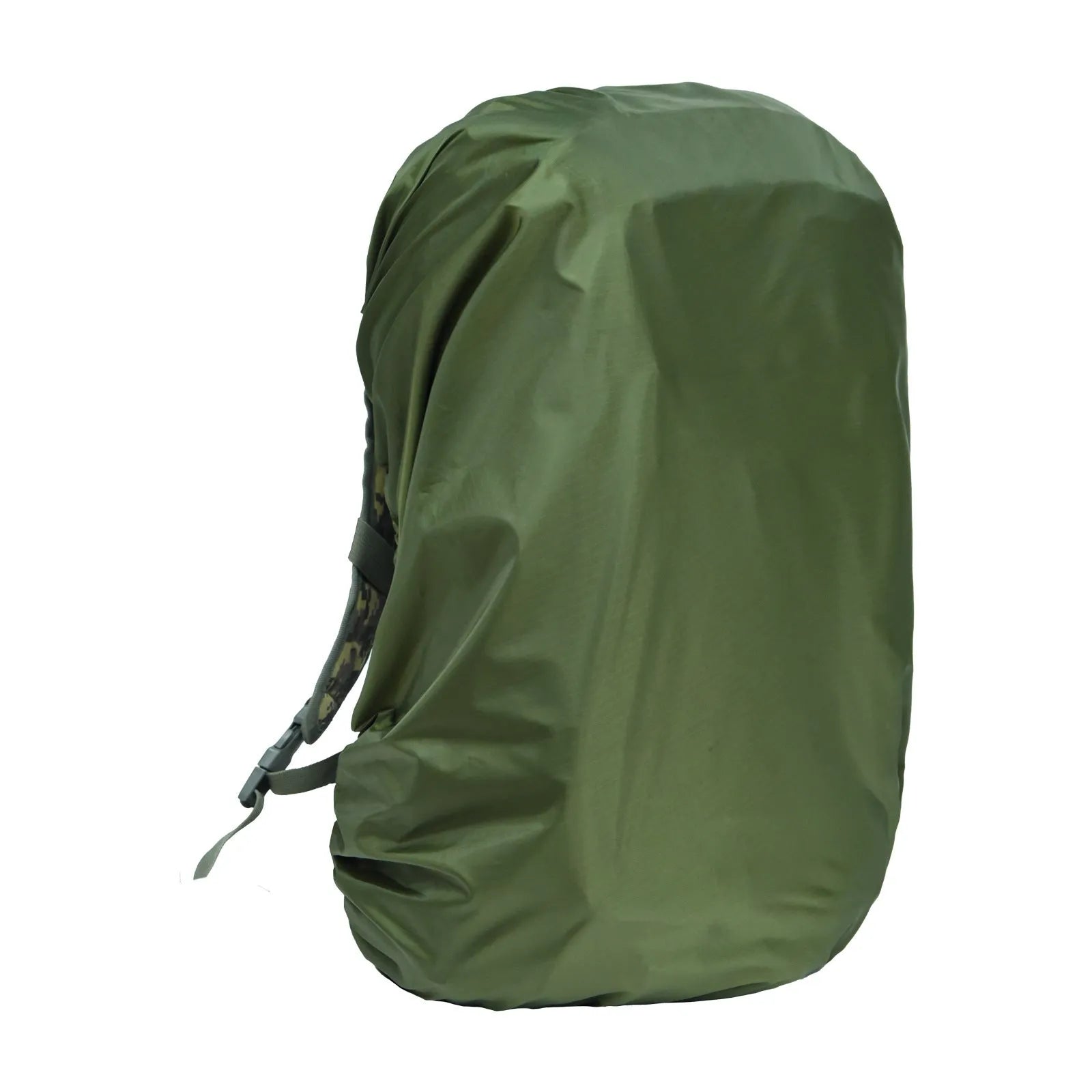 Backpack rain cover in army green colour showing waterproof PU material construction with 80L capacity
