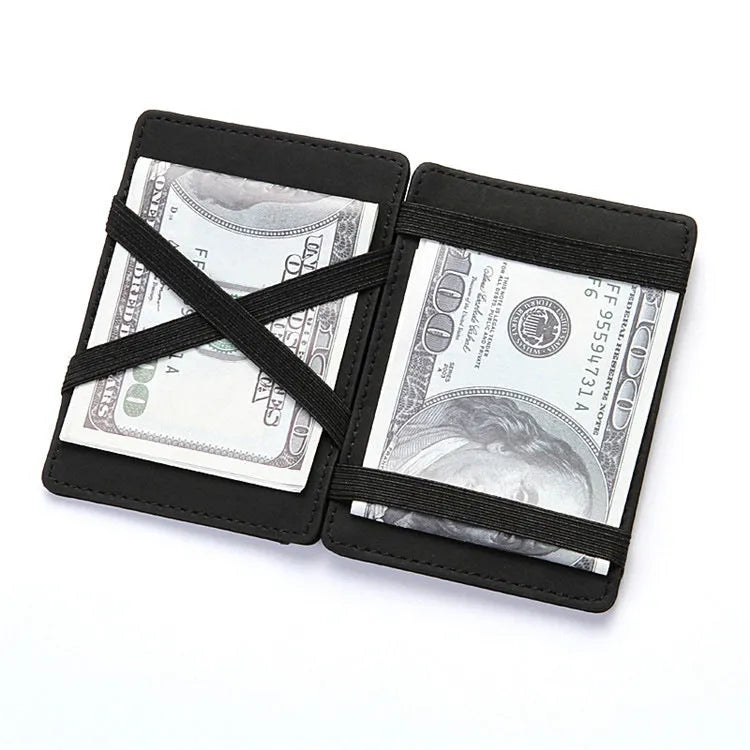 PU leather RFID blocking magic wallet in a solid colour, shown open to reveal card slots and a zippered coin pouch.