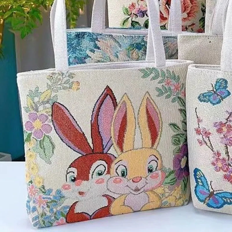 Double-sided gold wire embroidered canvas tote bag showing front and back design, available in multiple sizes and colours.