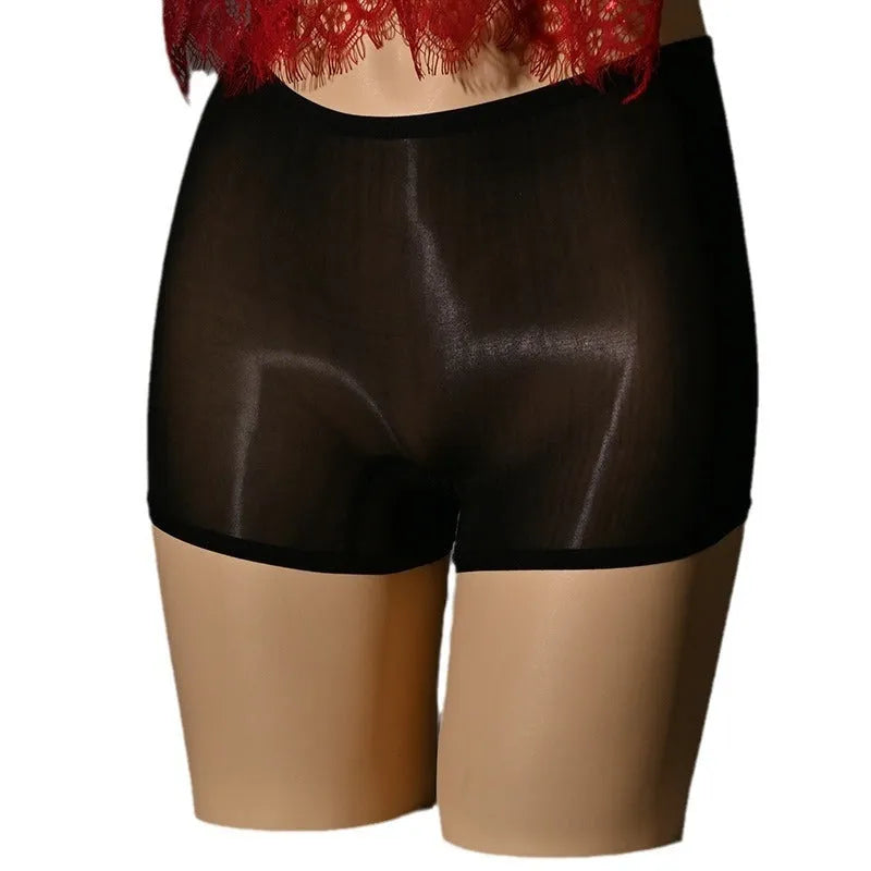 Men's shiny nylon underwear stockings in red, showing seamless construction and mid waist fit.