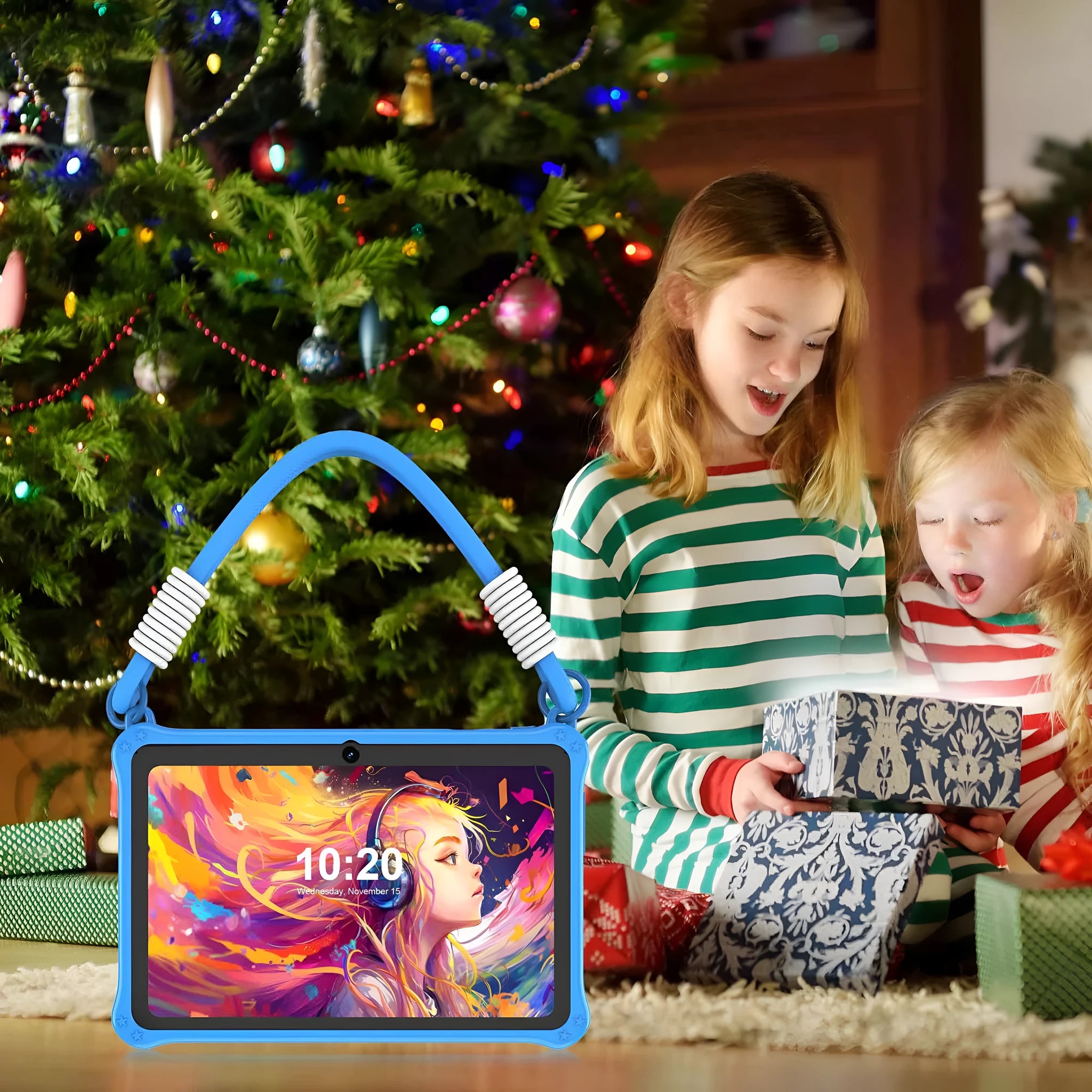 Sapphire blue silicone protective case for a 7-inch children's tablet, showing the flat strap handle.
