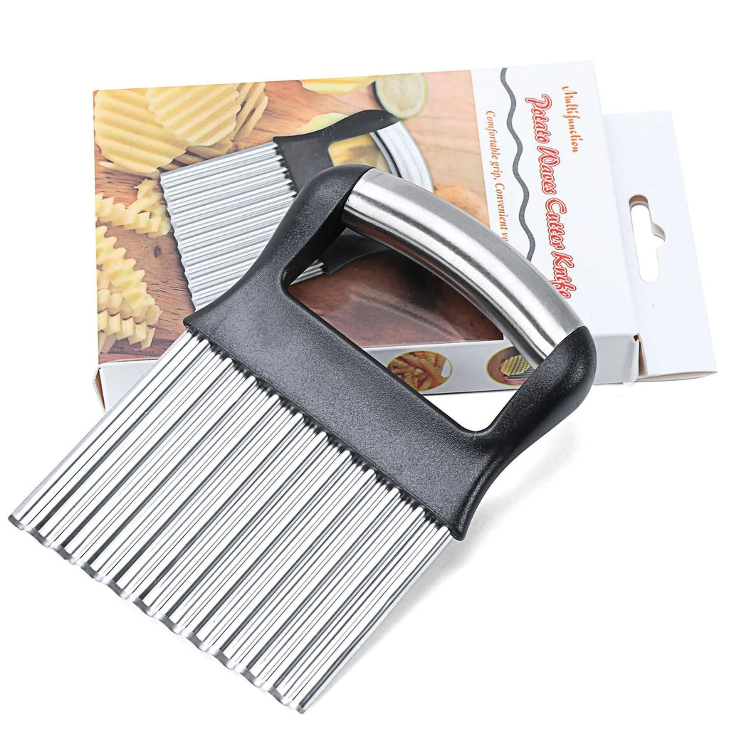 Stainless steel potato wave knife kitchen tool measuring 14 by 9 centimetres