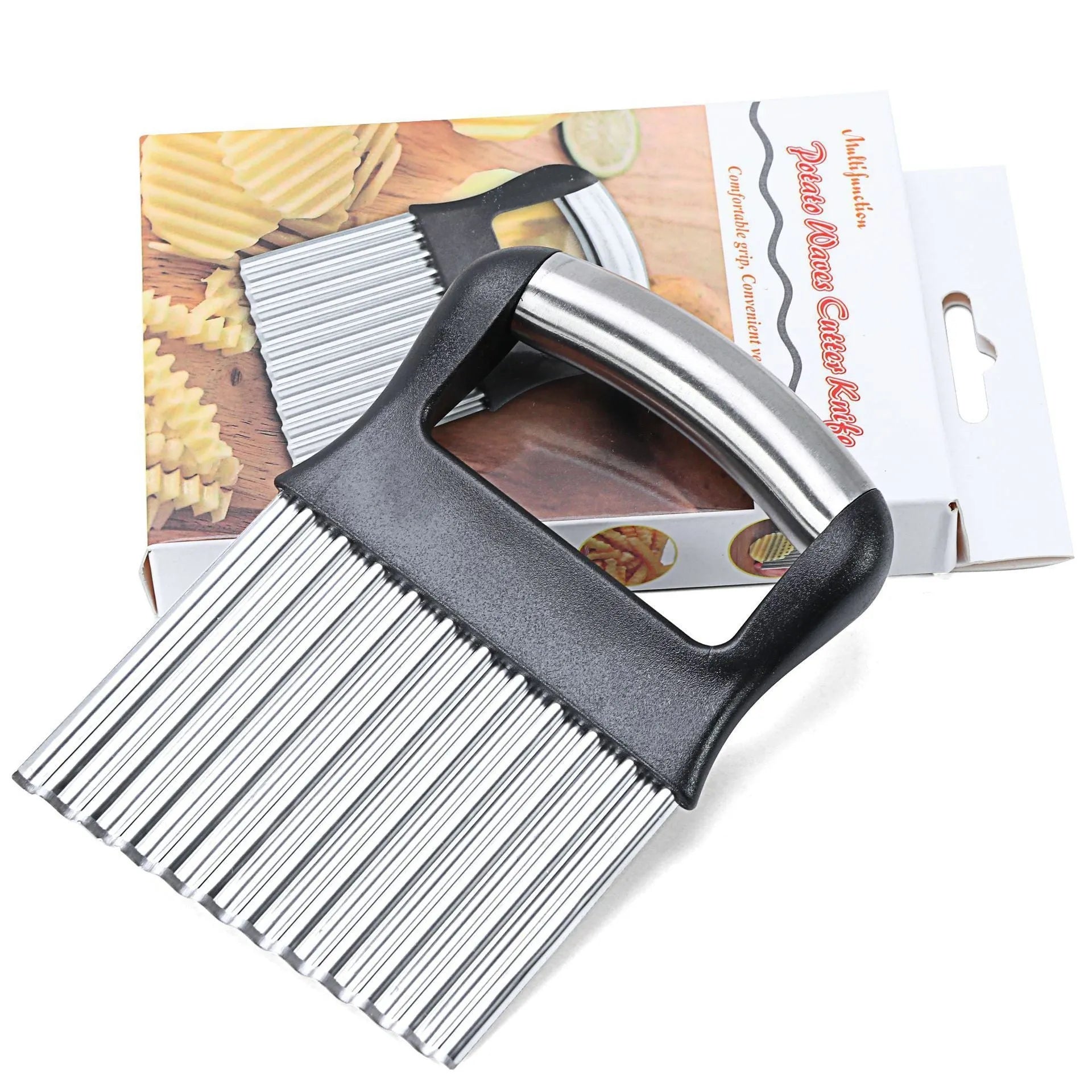 Stainless steel potato wave knife kitchen tool measuring 14 by 9 centimetres